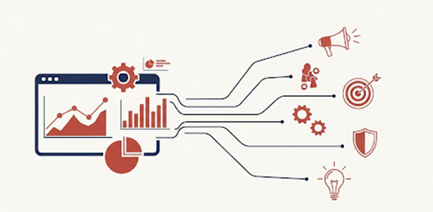 Analytics dashboard with data flowing into marketing, operations, targeting, risk, and innovation icons.