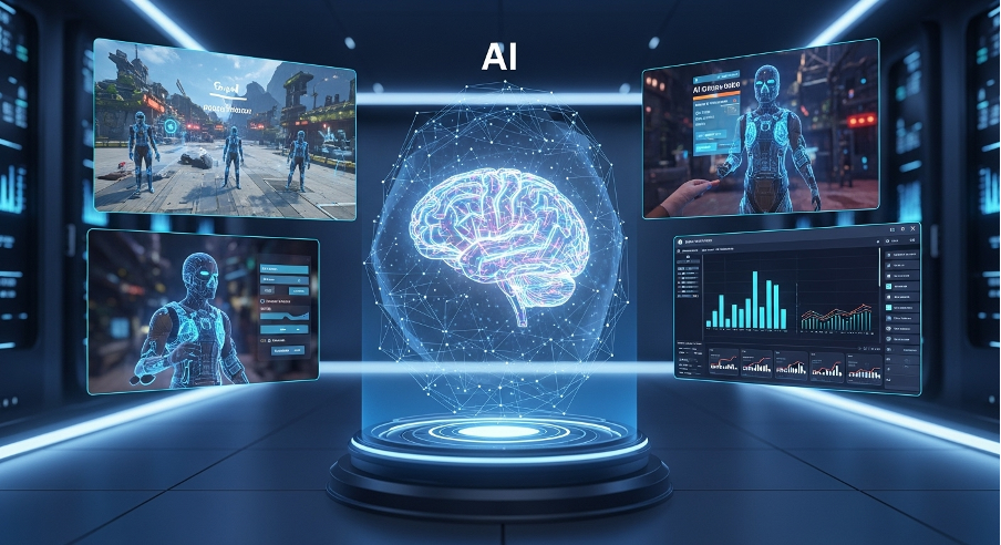 AI brain surrounded by digital screens showing character creation, testing dashboards, and performance analytics