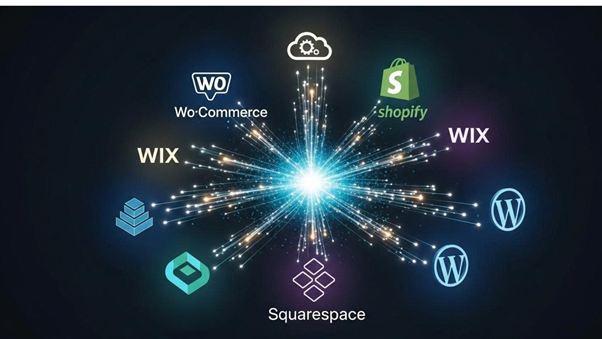 A central digital burst surrounded by logos of top e-commerce and website platforms, including Shopify, WooCommerce, Wix, Squarespace, and WordPress.