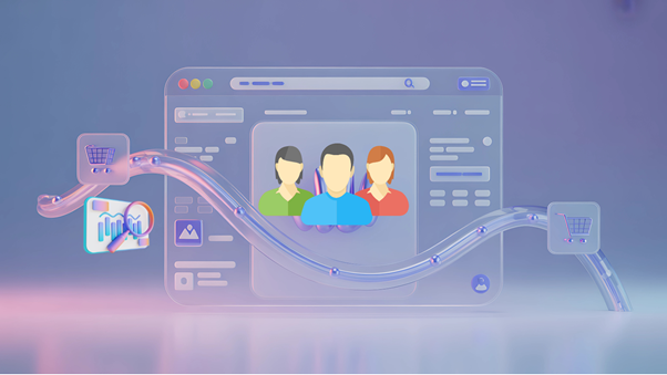 A transparent digital browser interface displaying customer personas connected via data streams to shopping cart icons and analytics charts, symbolizing data-driven consumer understanding.