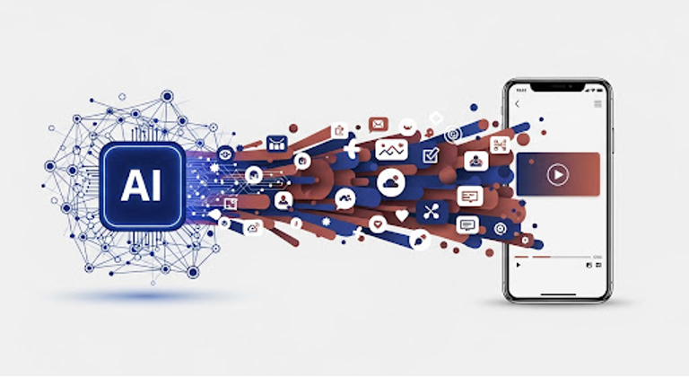 AI generates multimedia content—including video, messages, images—for delivery on a mobile phone interface.