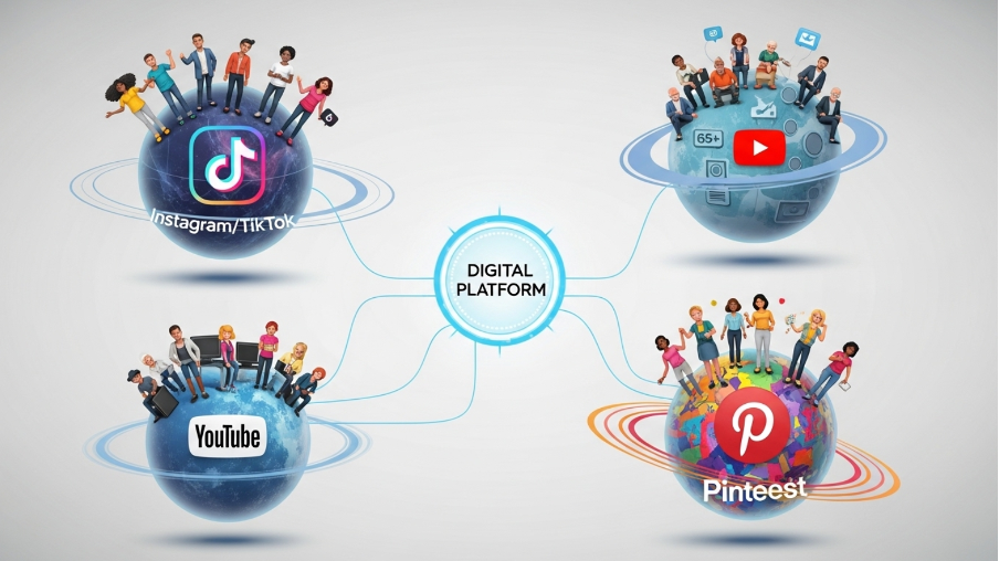 Four globe-like spheres labeled TikTok/Instagram, YouTube, Pinterest, and a senior YouTube audience, each with diverse user groups, connected to a central digital platform hub.