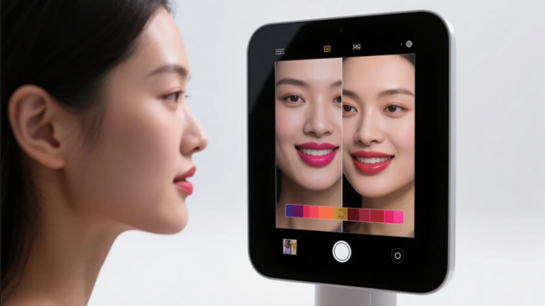 A woman looking into a digital mirror displaying a split-screen comparison of lipstick colors on her face, showcasing Augmented Reality (AR) try-on technology.