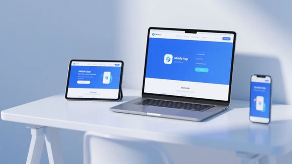 A mobile application interface displayed consistently across a smartphone, tablet, and laptop, symbolizing brand voice and visual consistency across all touchpoints.
