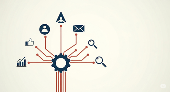 Central gear with data inputs and outputs, including email, search, analytics, and user icons.