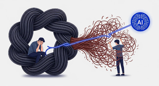llustration of AI untangling a large knot of cables/wires, symbolizing overcoming creative block.