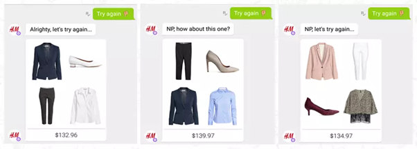 Screenshots showing the H&M Kik chatbot conversation interface, offering users personalized outfit recommendations with images and prices.