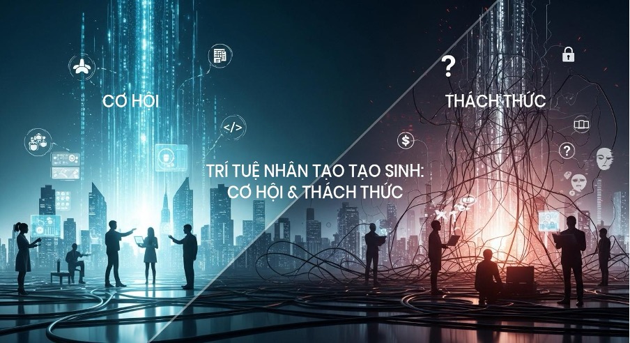 Split cityscape with silhouettes and digital flows illustrating generative AI’s opportunities on one side and challenges on the other.