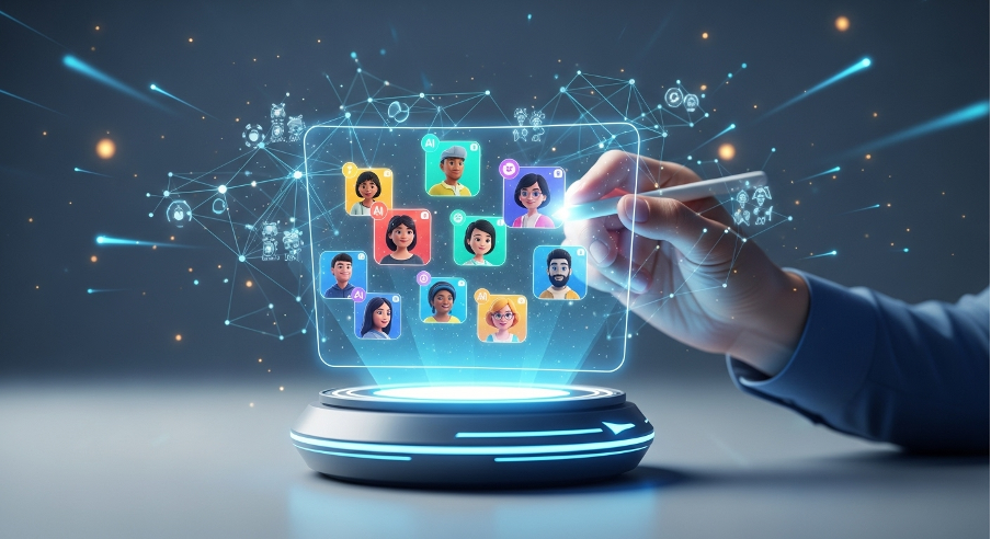 A hand uses a stylus to interact with a holographic grid of diverse AI character avatars in a futuristic digital interface.