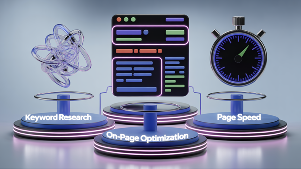 A stylized 3D diagram showing three pedestals labeled 'Keyword Research,' 'On-Page Optimization,' and 'Page Speed,' which are critical elements for maximizing E-commerce SEO performance.