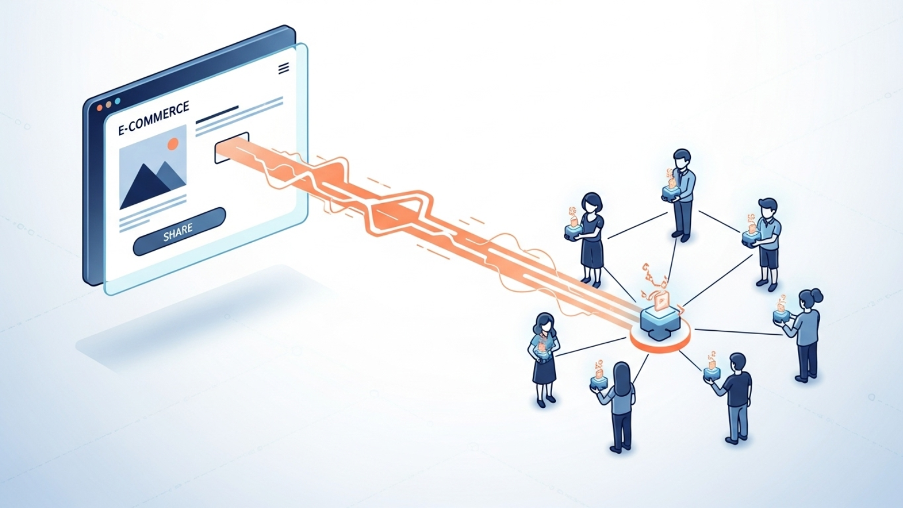 Illustration of an e-commerce webpage with a share button distributing product content to multiple connected users holding mobile devices.