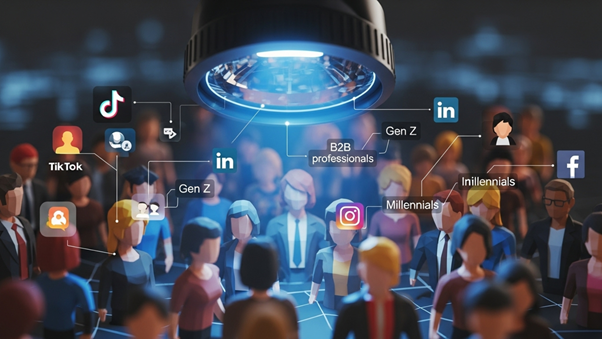 Holographic icons of major social media platforms (Facebook, Instagram, Twitter, TikTok) overlaid on an office environment with data charts, symbolizing multi-platform integration.