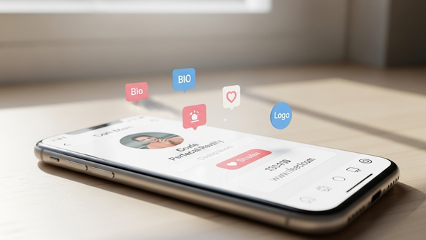 A smartphone displaying a social media profile interface with floating tags for 'Bio,' 'Logo,' and engagement metrics, symbolizing profile optimization.