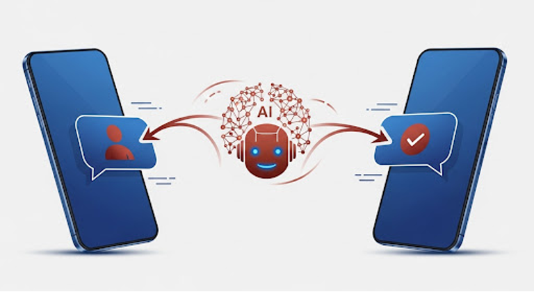 AI assistant facilitates communication between two smartphones, shown by message bubbles and a digital face.