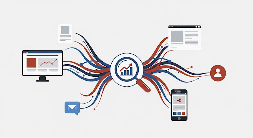 Diagram of AI analyzing data streams to optimize SEO across desktop and mobile devices.