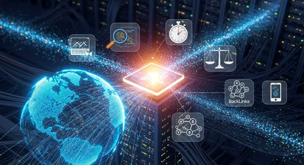 Digital illustration of a global IMC strategy framework with interconnected marketing technology icons emerging from a central data hub