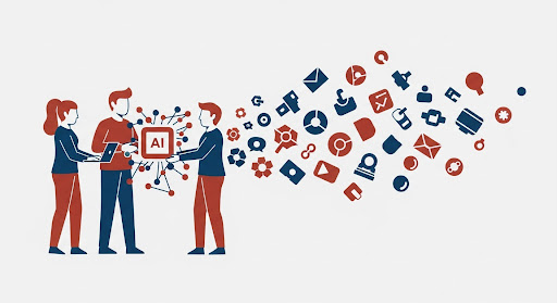 Illustration of a team collaborating with an AI core that generates diverse output icons, symbolizing increased workforce capacity.