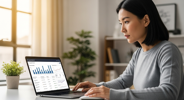 Woman using a laptop to analyze SEO performance graphs and charts on a data dashboard.