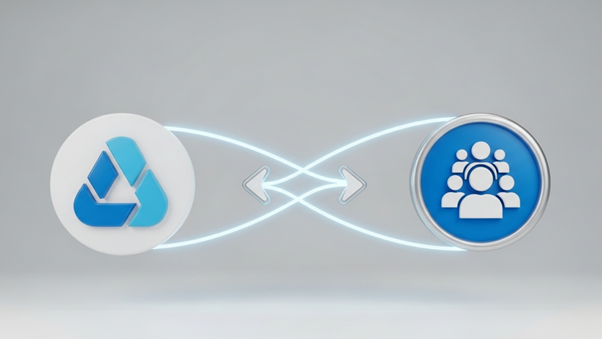 A company logo icon connected by an infinity loop to a community icon (group of people), symbolizing continuous engagement and relationship building.