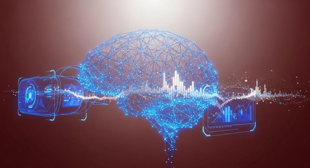 Digital brain with data charts, AI visual elements, and analytics screens.