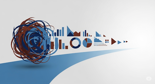 Abstract data moving from chaos into organized charts and metrics.