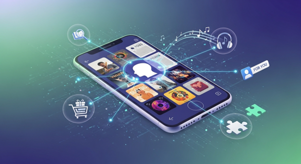 Smartphone with multiple app icons and digital elements representing personalization and interaction.