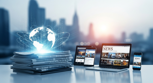 Newspapers and digital devices displaying news with a glowing globe symbolizing global media.