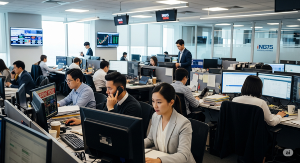 Busy newsroom with multiple people working at computers and monitoring information.