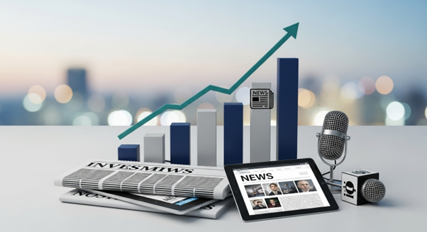 News media items with a rising chart, microphones, and devices, symbolizing media growth.