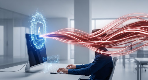 Illustration of an AI stream accelerating a worker's focus and output at a computer terminal.