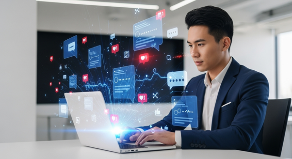 Woman using a laptop to analyze SEO performance graphs and charts on a data dashboard.