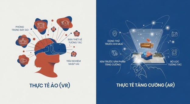 Illustration comparing virtual reality (VR) and augmented reality (AR) applications, showing VR headset experiences and AR product visualization on mobile devices.