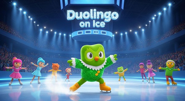Duolingo mascot, Duo the Owl, on ice skates in a rink with colorful characters, illustrating the "Duolingo on Ice" campaign.