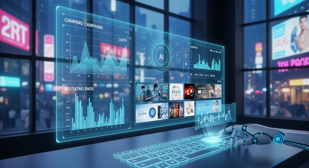 A high-tech concept illustration showing a robotic hand typing on a keyboard, overlaid with holographic data charts, graphs, and AI interfaces, representing automated ad campaign optimization and data analysis