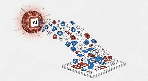 An isometric illustration of an AI chip processing and streamlining a flow of diverse marketing icons—such as social media interactions, emails, and analytics—onto a digital tablet, representing automated workflow optimization