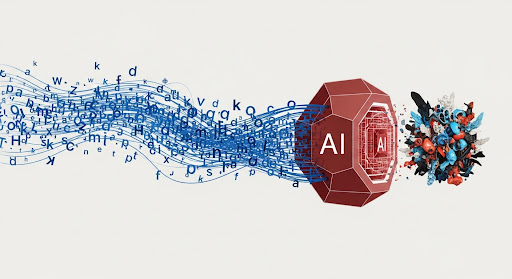 A 3D render of a red hexagonal AI node processing a stream of raw data and converting it into structured, usable information, symbolizing the power of machine learning in content generation