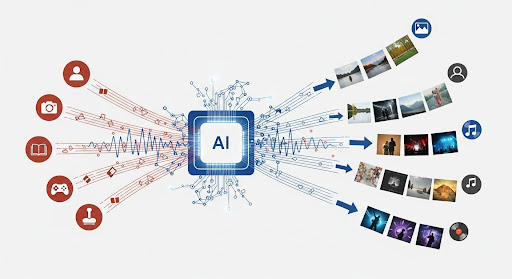 A diagram featuring a central AI processor distributing personalized visual and audio content to specific user profiles, highlighting the capability of AI to tailor content based on user interests and behaviors
