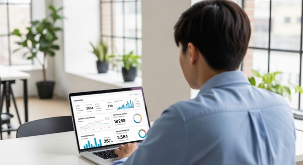 Expert analyzing a dashboard with critical metrics on Content Engagement, Consumption, and Conversion.