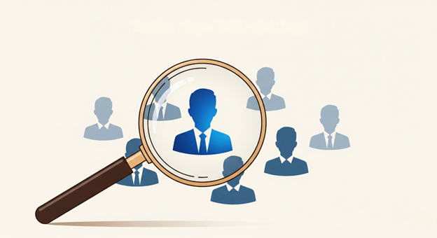 Magnifying glass highlighting a selected KOL among multiple audience icons