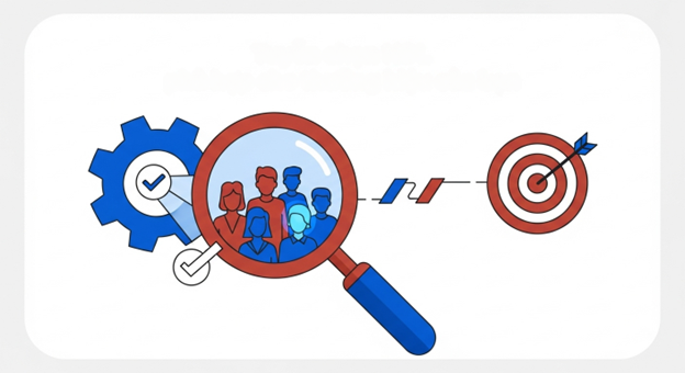 Magnifying glass reviewing different KOL profiles with a gear and a target icon symbolizing strategic selection.