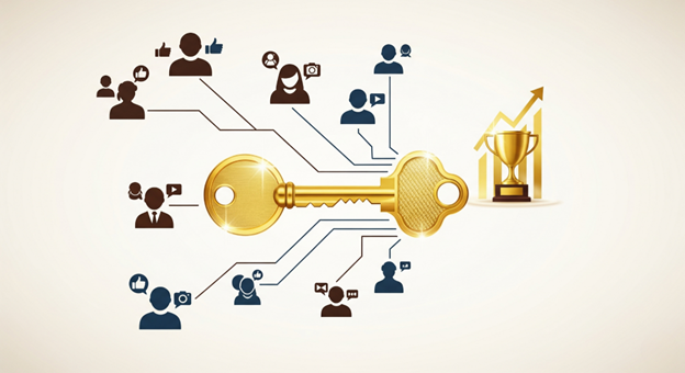 Golden key connecting to various influencer icons and a trophy symbolizing success in influencer marketing.