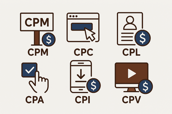 Illustration of common digital advertising pricing models including CPM, CPC, CPL, CPA, CPI, and CPV, represented with simple line icons