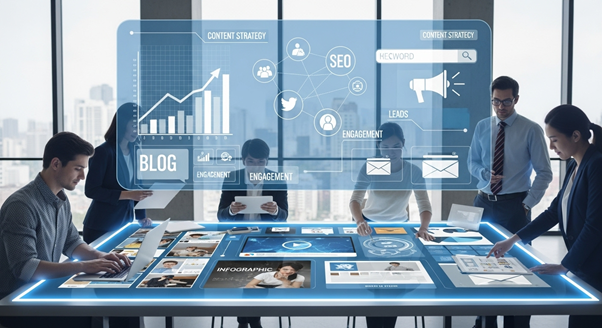 Business team collaboratively planning a content marketing strategy using an interactive digital display table showing SEO, blog, and engagement metrics.