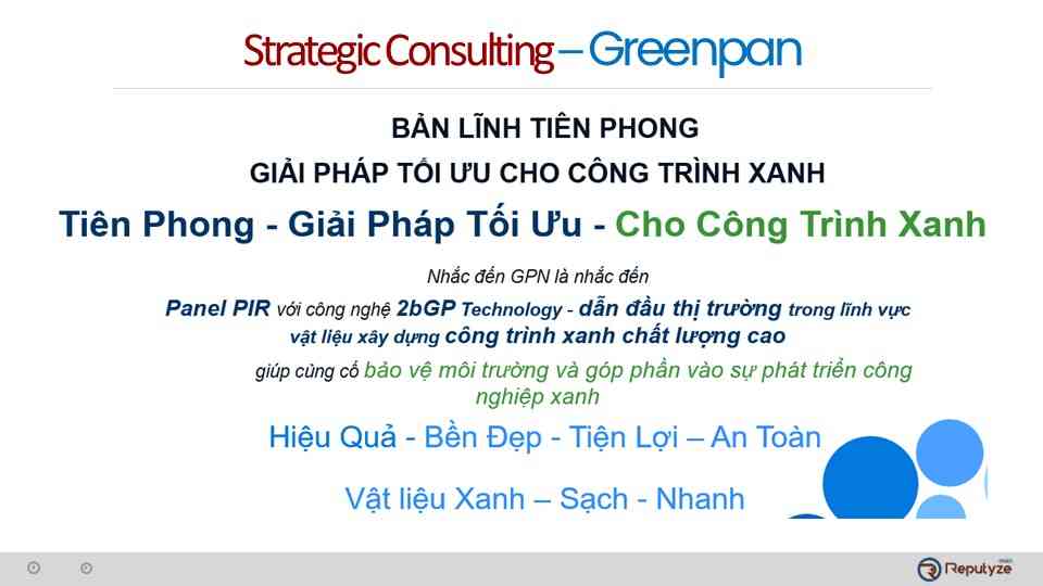 Strategic Consulting Greenpan presentation slide titled 'Pioneering Spirit' and 'Optimal Solution for Green Building', highlighting 2bGP Technology PIR Panels.