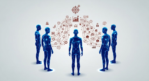 Illustration showing teamwork and communication skills as essential traits of virtual sales representatives